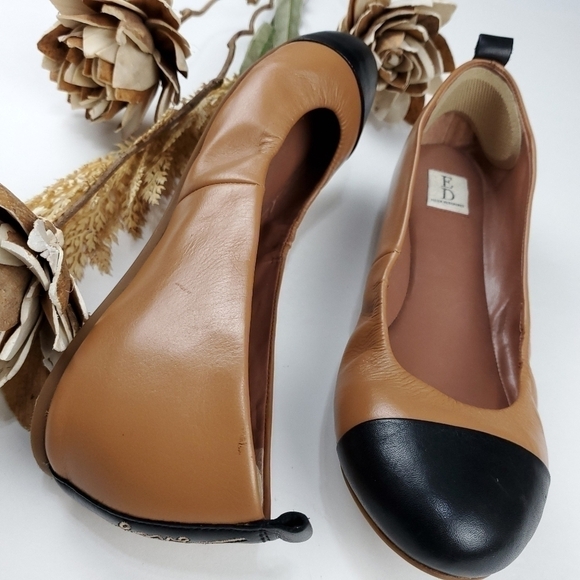 🔴  ED LOVE Lilliane2 Camel Black Cap Toe Flat 7.5w - Picture 11 of 13
